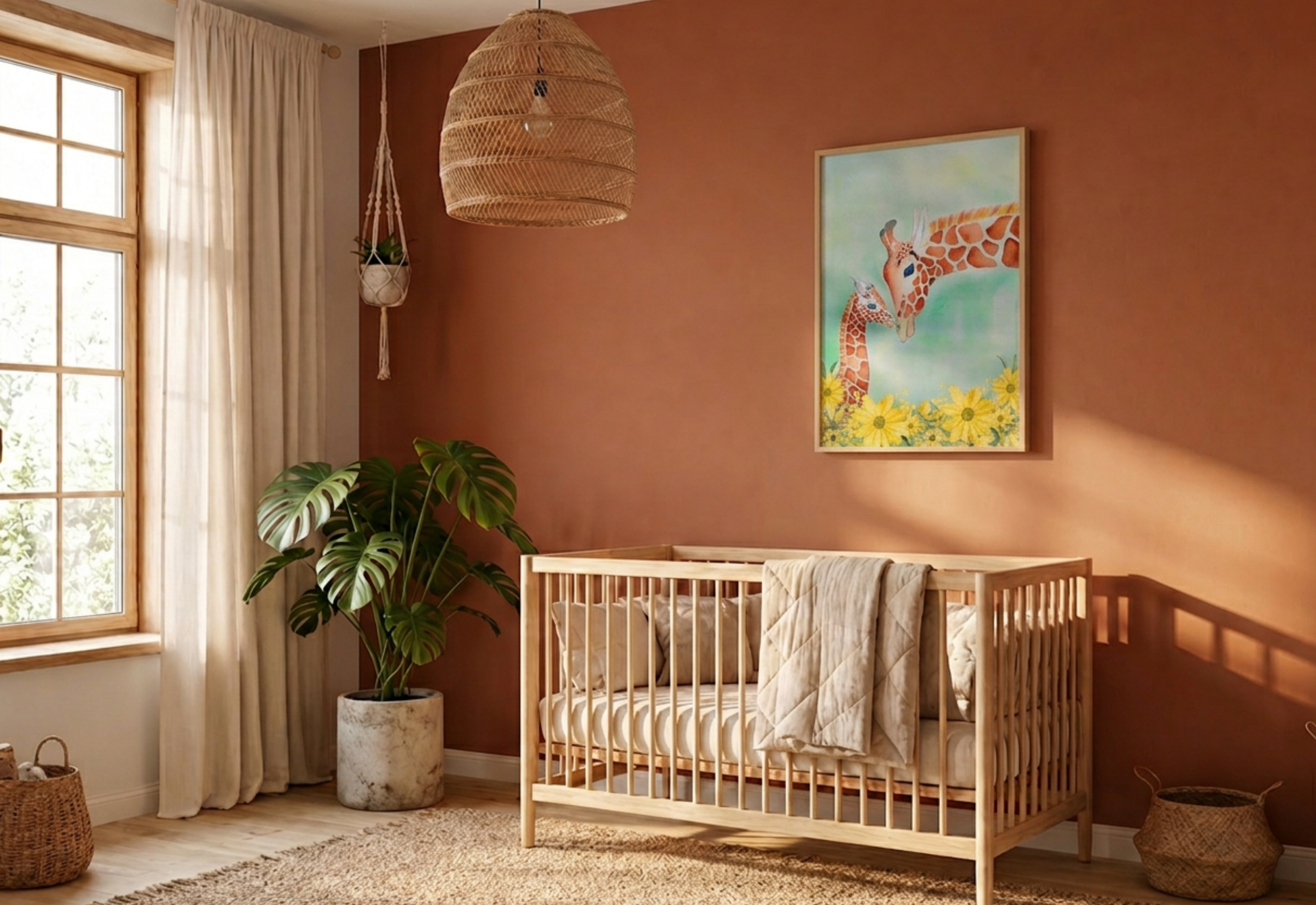 Nursery room with wooden crib, plant, and giraffe wall art on a warm-toned wall.