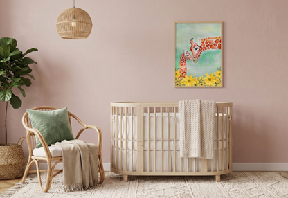 Nursery room with wooden crib, chair, and wall art of giraffes.