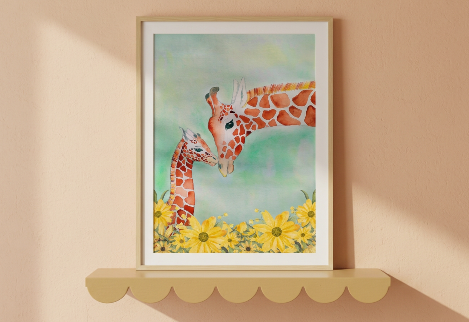 Framed artwork of two giraffes and flowers on a beige wall.