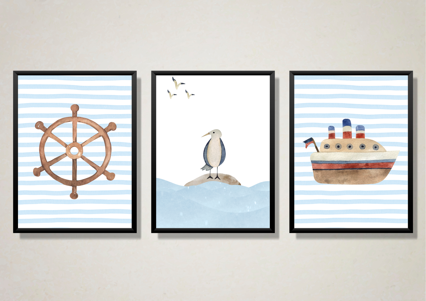 Three framed nautical-themed wall art prints hanging on a light beige wall. The left print shows a brown ship's wheel on a light blue and white striped background.