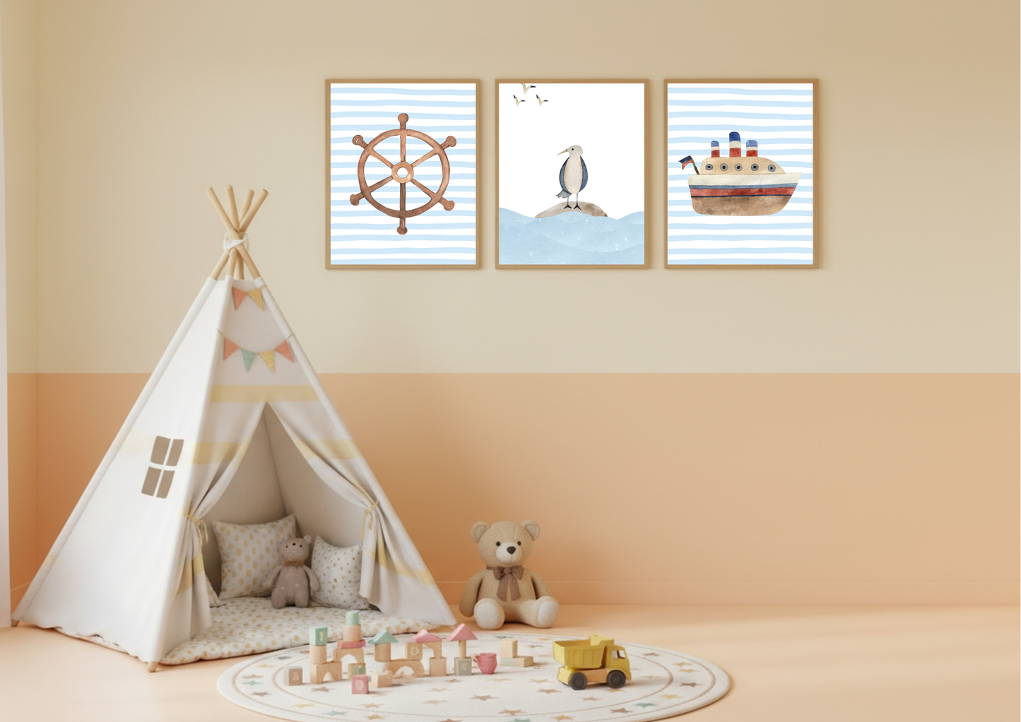 Three framed nautical-themed wall art prints hang on a beige wall above a children's teepee play tent, with a teddy bear and toy blocks on the floor.
