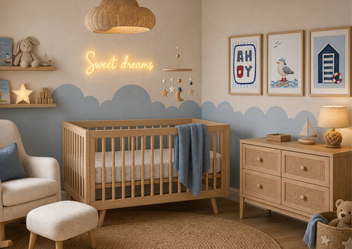 A styled nursery room featuring a light wood crib with a blue blanket, a matching wooden dresser, a wicker chair, and a blue cloud-patterned wall. A glowing neon sign reads 'Sweet dreams' above the crib.