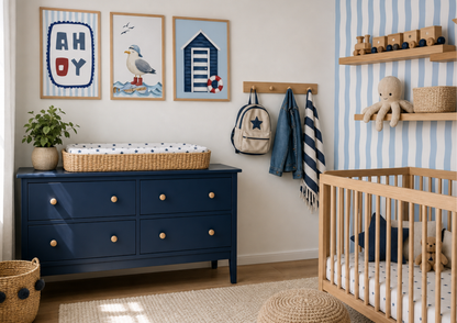 A styled nursery interior showing a navy blue changing dresser with a wicker basket on top, a light wood crib, blue-and-white striped wall panels, framed nautical wall art, shelves with toys, and hanging bags and towels.