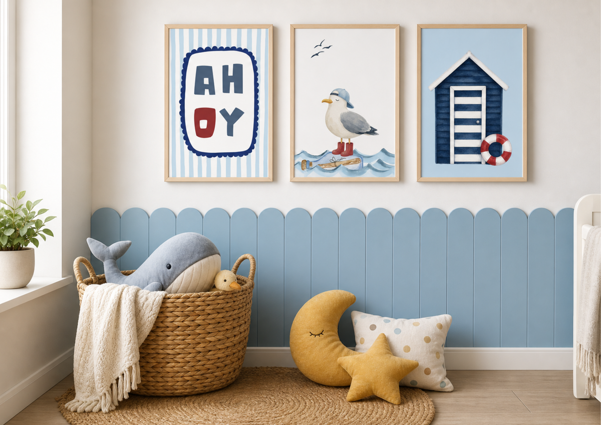 Three framed nautical-themed wall art prints hang above a blue wainscoted wall in a styled nursery. The prints show a striped 'AHOY' sign, a seagull on a message in a bottle, and a blue beach hut with a life preserver.