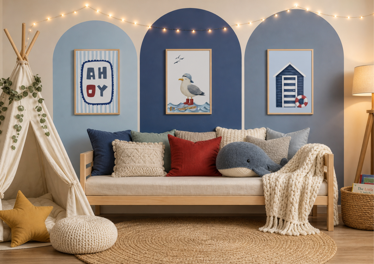 A styled children's room scene with a light wood daybed, cream pillows, a blue whale plush, a cream throw blanket, a teepee tent, and three framed nautical wall art prints mounted above arched blue wall panels.
