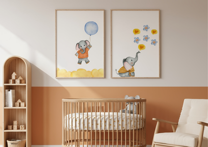 A neutral-toned nursery with a natural wood arched shelf and a matching round crib. The walls are split-painted, white on top and burnt orange on the bottom. Two watercolor elephant prints are displayed above the crib, one featuring an elephant holding a blue balloon and the other blowing hearts and flowers.