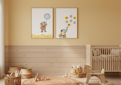 A nursery scene with yellow walls and natural wood paneling below. The room features a natural wood crib and a circular woven rug. Two framed watercolor elephant prints are displayed on the wall, one featuring an elephant with a blue balloon and the other blowing hearts and flowers.