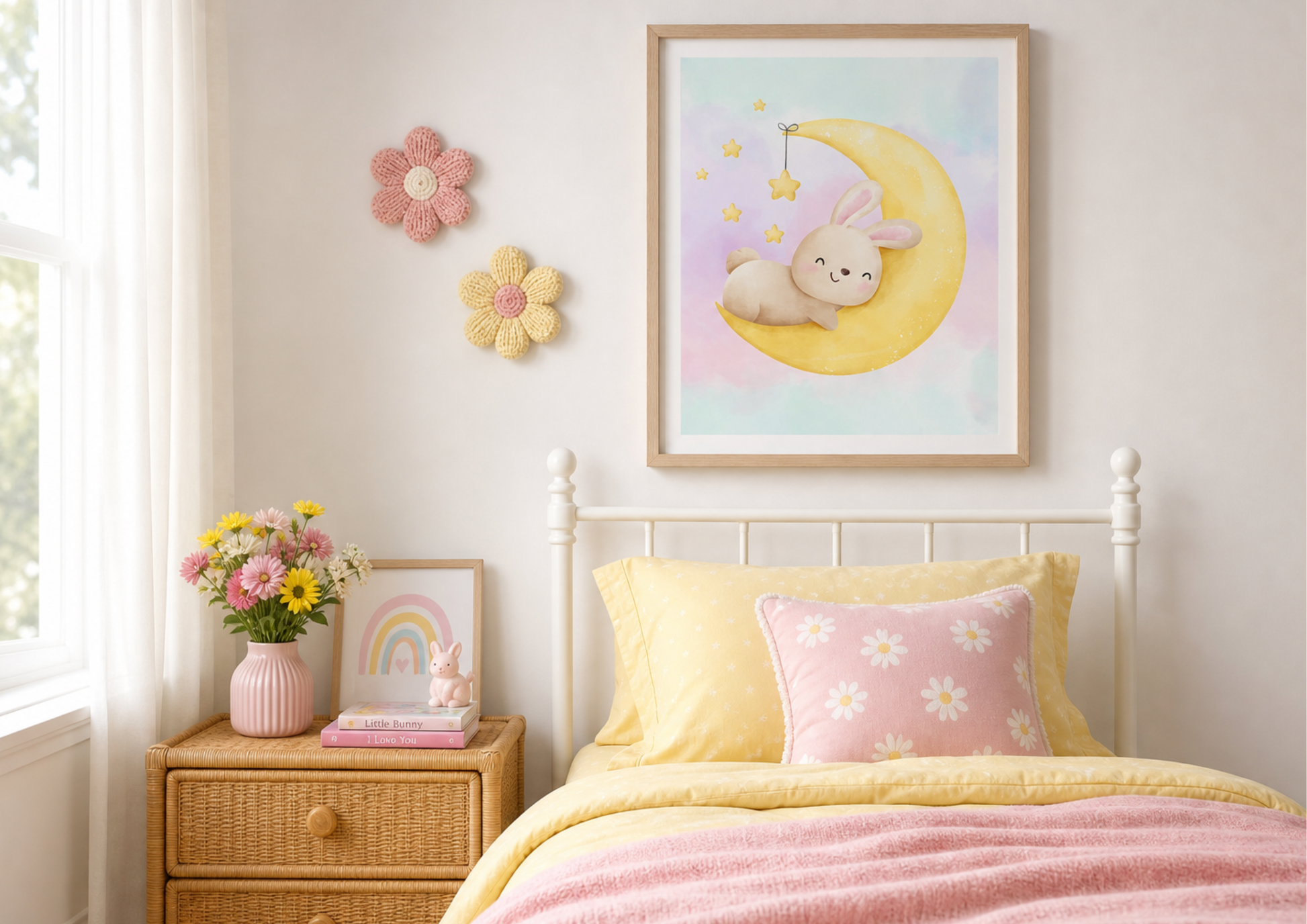 A framed pastel art print of a bunny on a crescent moon hanging on a child's bedroom wall above a bed with yellow and pink bedding, next to a wicker nightstand with flowers.