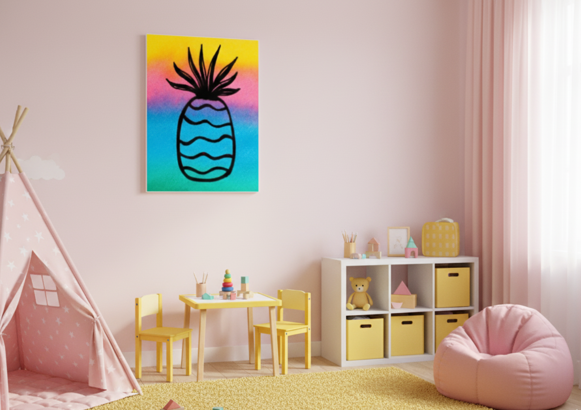 Vibrant watercolor pineapple canvas print hanging on a pale pink wall in a child's playroom featuring a pink teepee, yellow chairs, and white storage shelving with yellow bins.