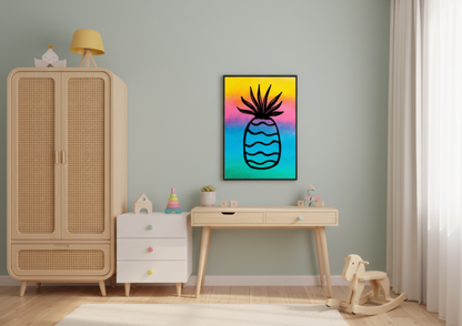 Framed watercolor pineapple print hanging above a light wooden desk in a gender-neutral nursery, next to a large rattan wardrobe and a white chest of drawers.