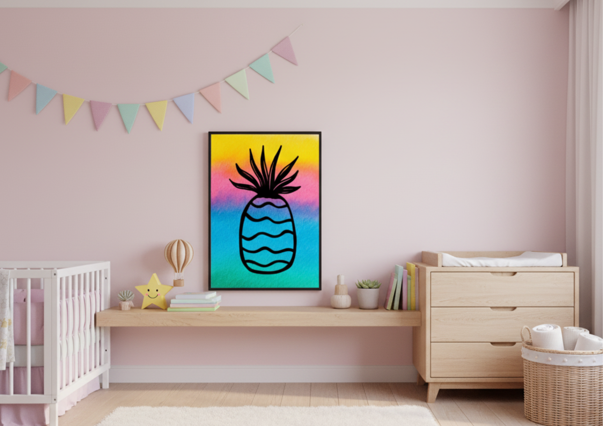 Colorful watercolor pineapple print framed and centered on a floating wooden shelf in a pink nursery, positioned between a white crib and a light wood changing table, with pastel bunting above.