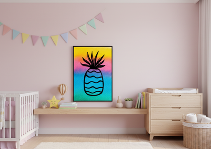 Colorful watercolor pineapple print framed and centered on a floating wooden shelf in a pink nursery, positioned between a white crib and a light wood changing table, with pastel bunting above.