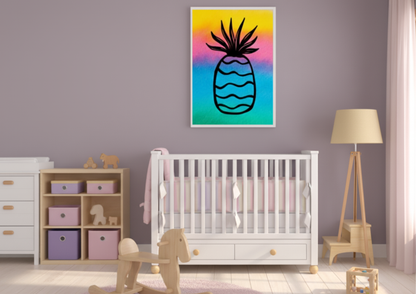 Framed watercolor pineapple print hanging above a white crib in a nursery with light purple walls, a wooden rocking horse, and cube storage with pink and purple bins.
