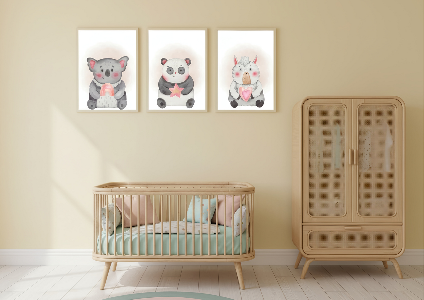 Nursery room with crib, wardrobe, and wall art of a koala, panda, and cow.