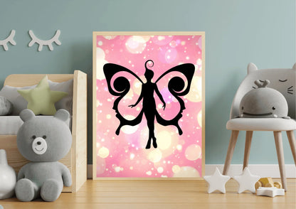Framed artwork of a black pixy fairy silhouette on a pink background in a child's room.