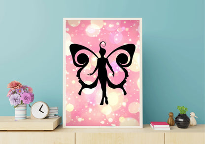 Framed artwork of a black fairy silhouette on a pink and white abstract background, displayed on a shelf.