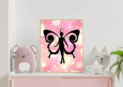 Framed artwork with a black fairy silhouette on a pink background, displayed on a shelf with plush toys and a plant.