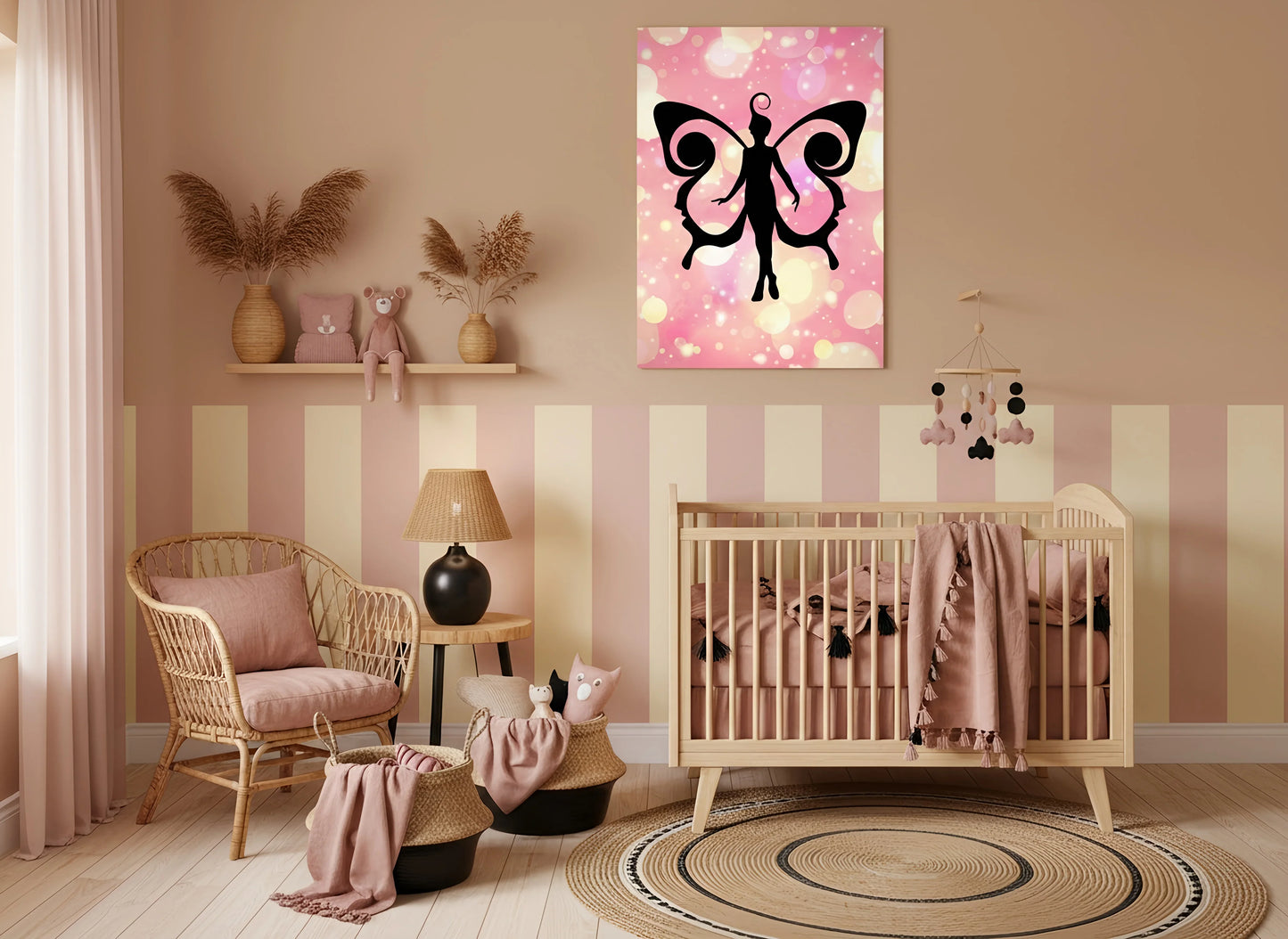 Nursery room with a crib, chair, and decorative pink fairy wall art.