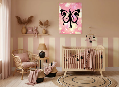 Nursery room with a crib, chair, and decorative pink fairy wall art.
