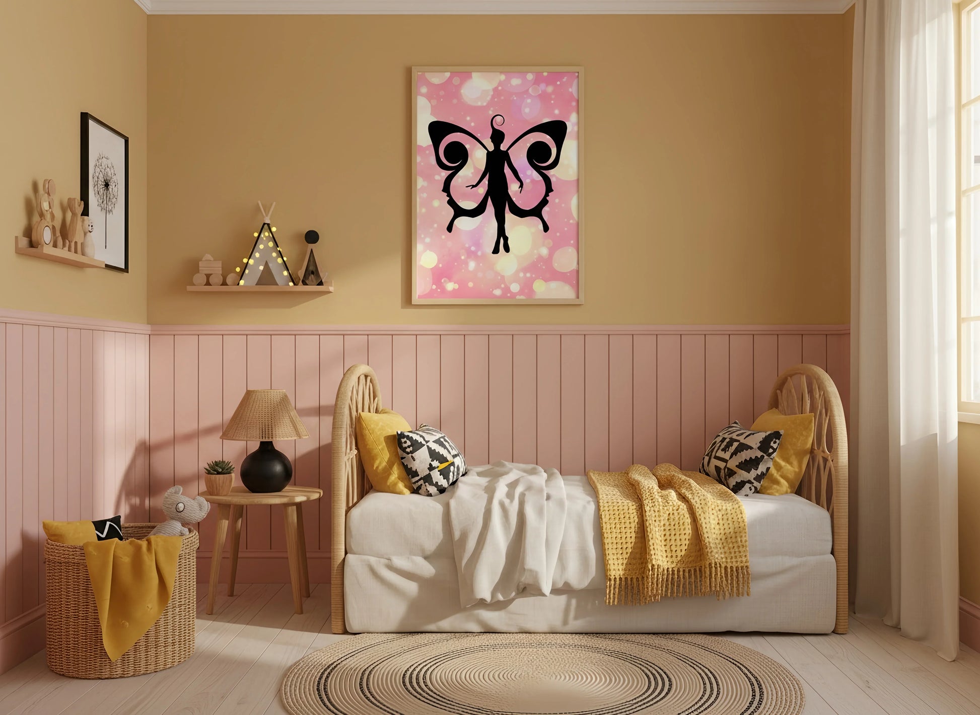 Children's bedroom with a bed, lamp, and wall art featuring a pixie.
