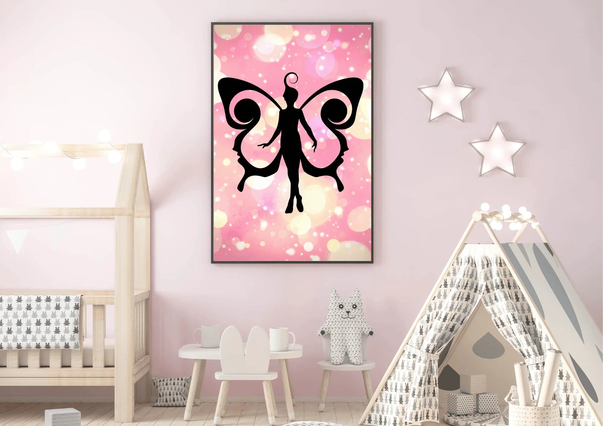 Pink pixy wall art in a child's room with pink background