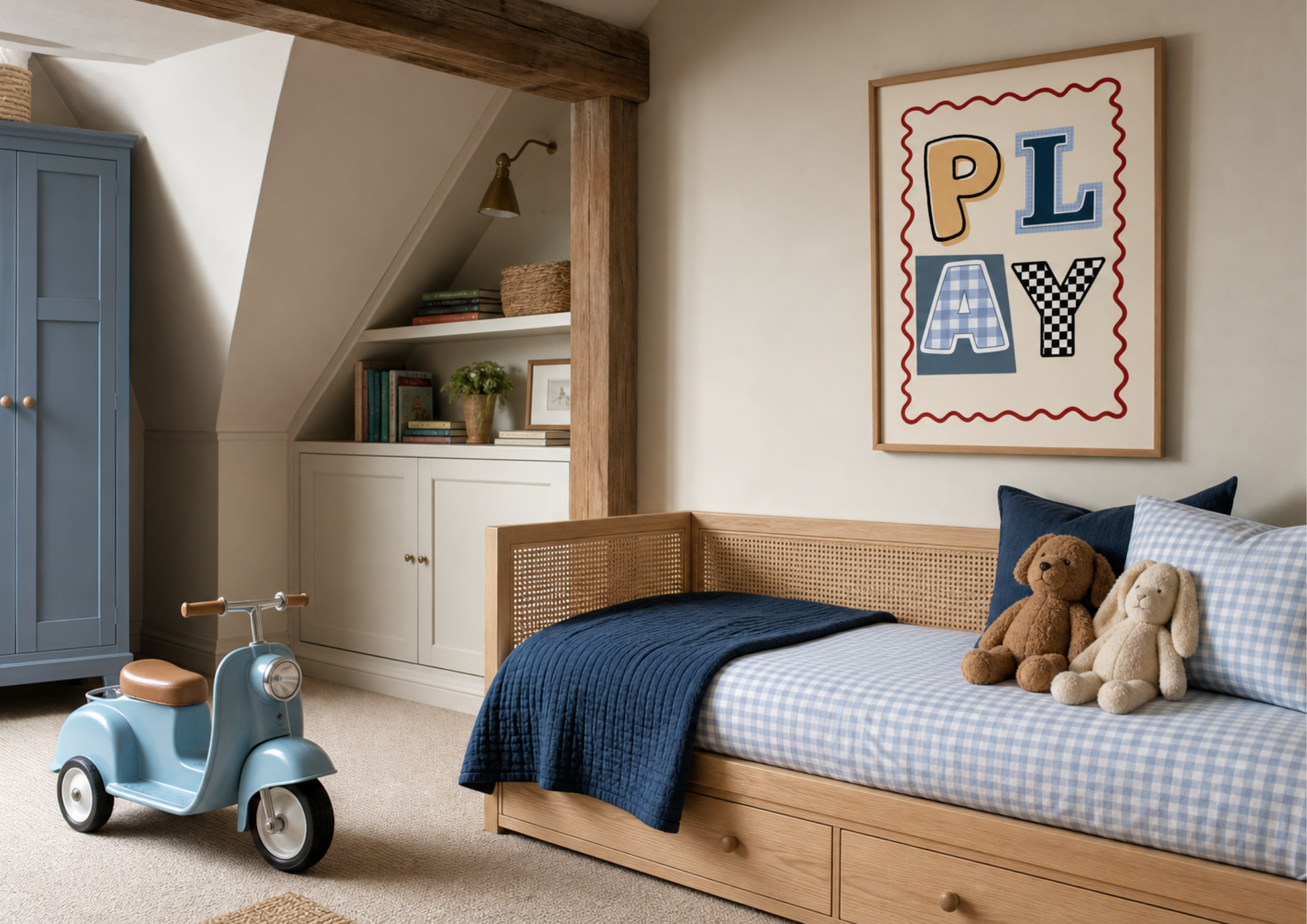 Children's bedroom with a bed, toy scooter, and 'PLAY' wall art.