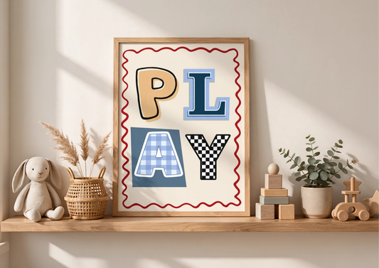 Framed artwork with 'PLAY' letters on a shelf with decorative items
