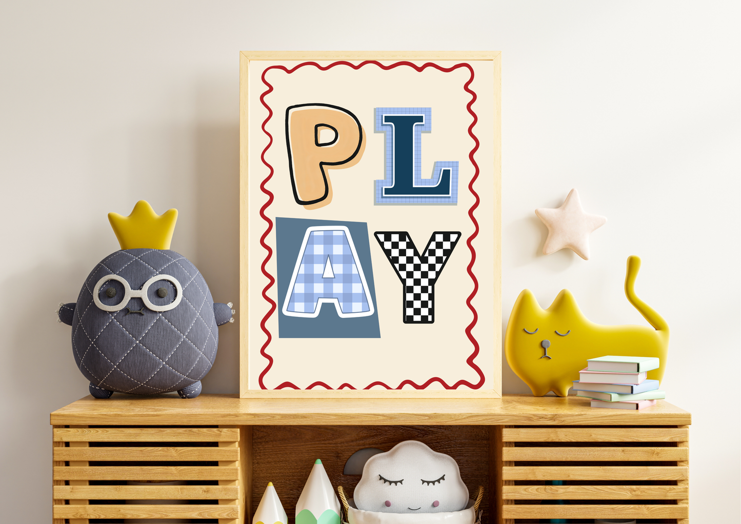 Framed 'PLAY' poster on a wooden shelf with decorative items