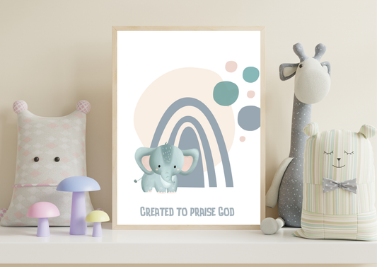 Framed artwork with an elephant and rainbow design on a shelf with decorative items.