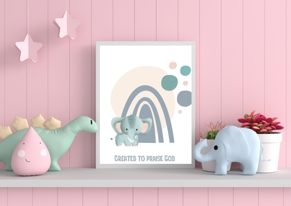 Framed children's poster with elephant and rainbow design on a pink wall with toys.