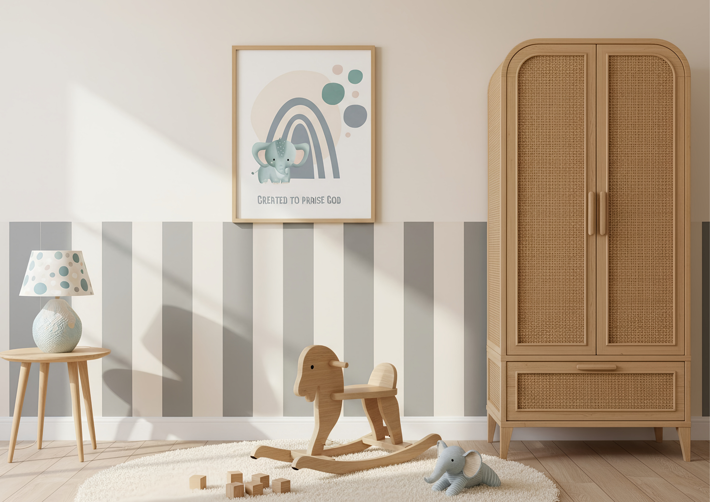 Children's room with wooden wardrobe, rocking horse, and wall art.