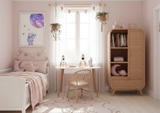 A charming pink-themed nursery with an astronaut and watercolor planet print on the wall above a white crib. The room features a light pink rug with constellations, a small desk with rocket decor, a wooden wardrobe, and hanging plants near a window.