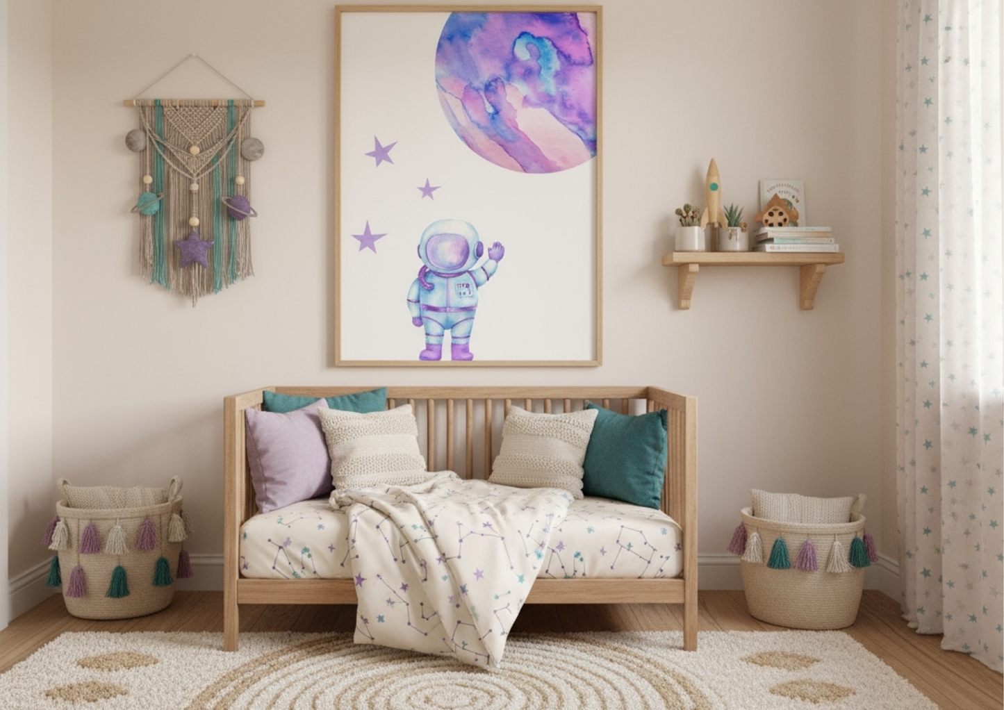 A gender-neutral nursery featuring a wooden crib with a constellation blanket and purple/teal pillows. A large framed watercolor art of an astronaut and a purple planet hangs above the crib. A macrame planet wall hanging is on the left.