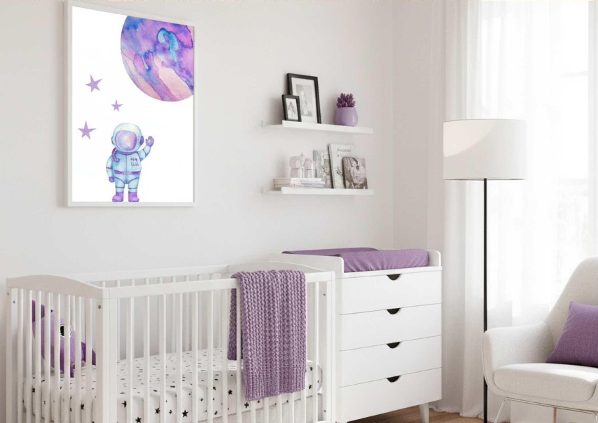 A clean, white nursery featuring a white crib and a matching white dresser/changing table with a purple mat. A large framed watercolor print of an astronaut and a purple planet hangs above the crib. A purple knitted blanket is draped over the crib rail.