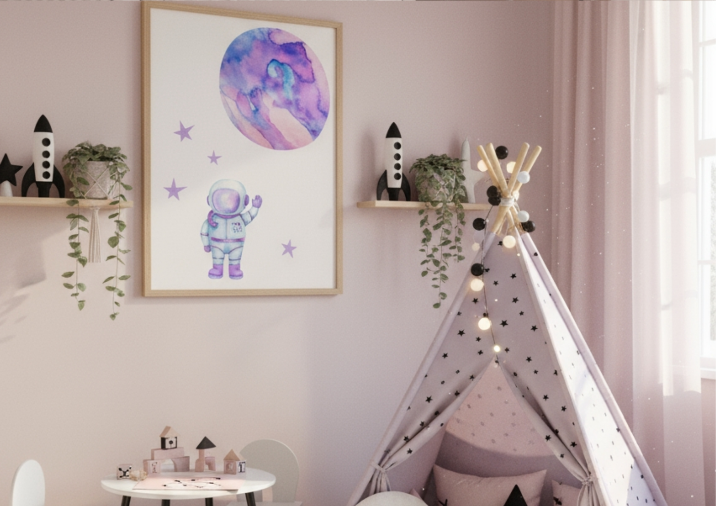 A pale pink nursery featuring a framed watercolor print of an astronaut and a purple planet, two wall shelves decorated with plants and toy rockets, and a large grey and white star-patterned teepee with fairy lights.