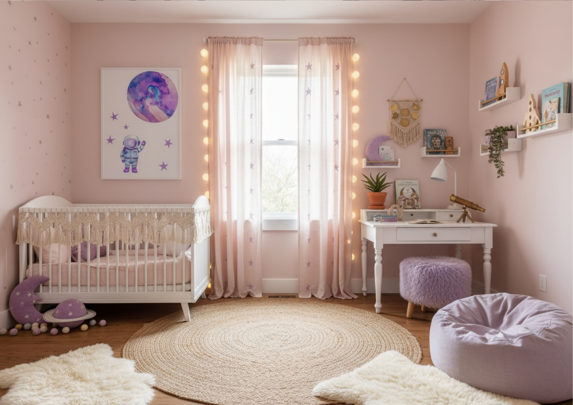 A pink-walled nursery or young girl's room featuring a white crib with a bohemian tassel crib skirt. A framed watercolor astronaut and planet print hangs on the wall, illuminated by string lights around the window. The room includes a white desk, floating shelves with books, a round jute rug, and a large purple beanbag chair.