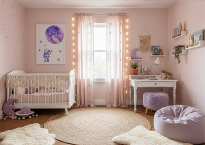 A pink-walled nursery or young girl's room featuring a white crib with a bohemian tassel crib skirt. A framed watercolor astronaut and planet print hangs on the wall, illuminated by string lights around the window. The room includes a white desk, floating shelves with books, a round jute rug, and a large purple beanbag chair.