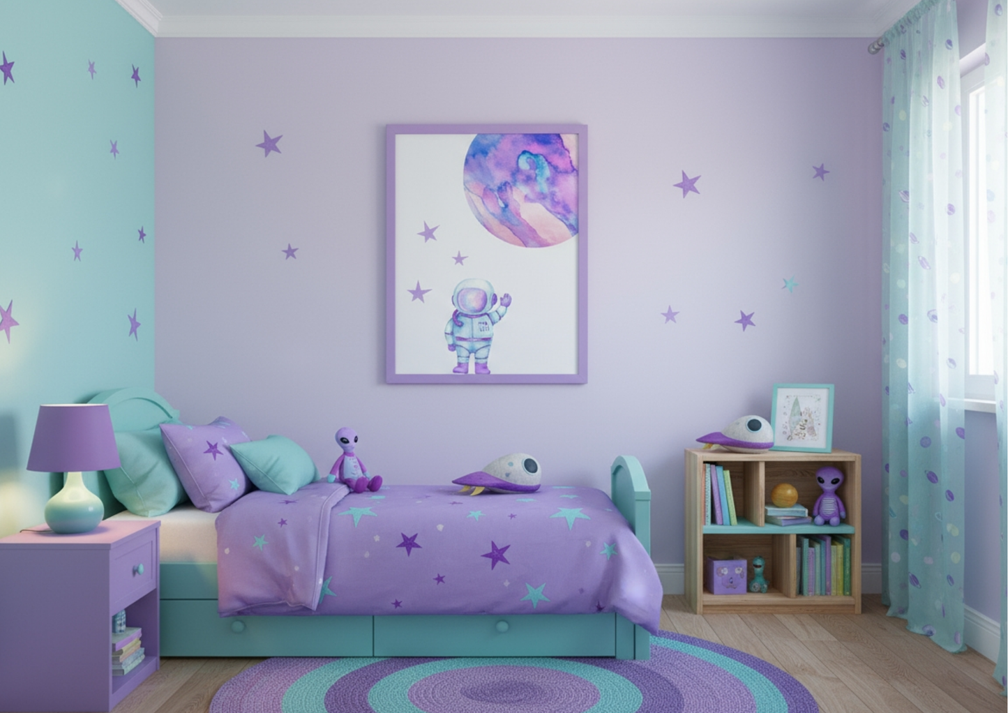 A vibrant lavender and teal-themed child's bedroom with a twin bed and a matching nightstand. A framed watercolor print of an astronaut and a purple planet with a purple frame hangs above the bed. The room features a purple and teal rug and star wall decals.