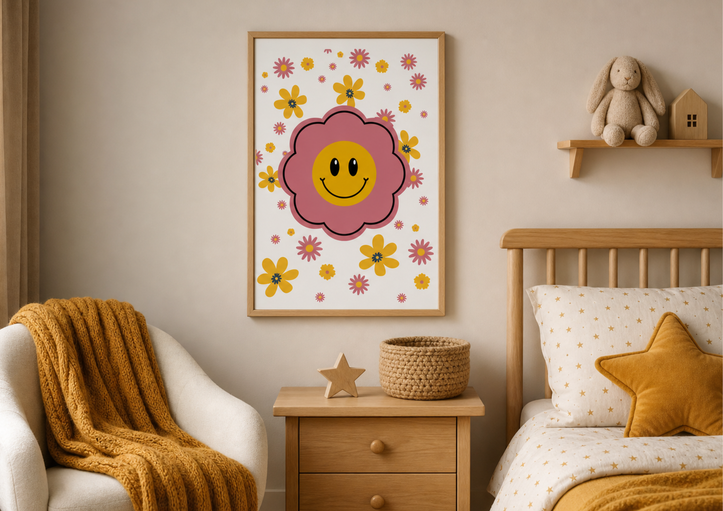 Framed retro-style nursery art print featuring a large pink flower with a yellow smiley face center, surrounded by smaller pink and yellow daisies, hanging above a wooden nightstand in a cozy bedroom with a mustard yellow throw and star-themed bedding.