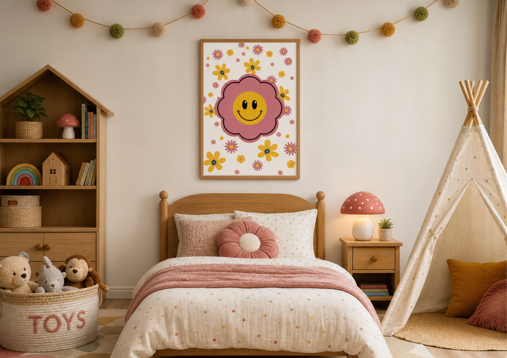 Framed retro-style nursery art print featuring a large pink flower with a yellow smiley face center, surrounded by smaller pink and yellow daisies, hanging above a bed in a cozy, decorated bedroom featuring a house-shaped bookshelf, a mushroom lamp, and a play teepee.