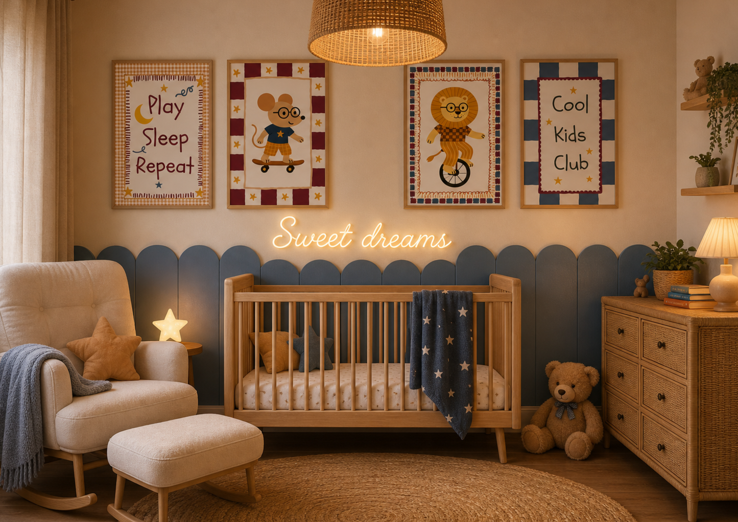 Nursery room with crib, chair, teddy bear, and boys Retro gingham decorative wall art.