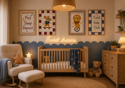 Nursery room with crib, chair, teddy bear, and boys Retro gingham decorative wall art.