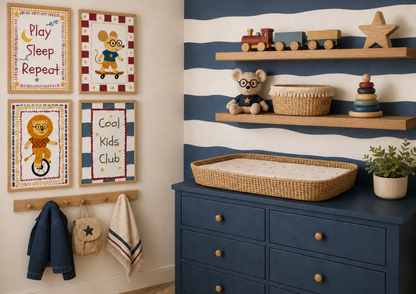 Nursery room with blue and white striped wall, wooden shelves, and a blue dresser.