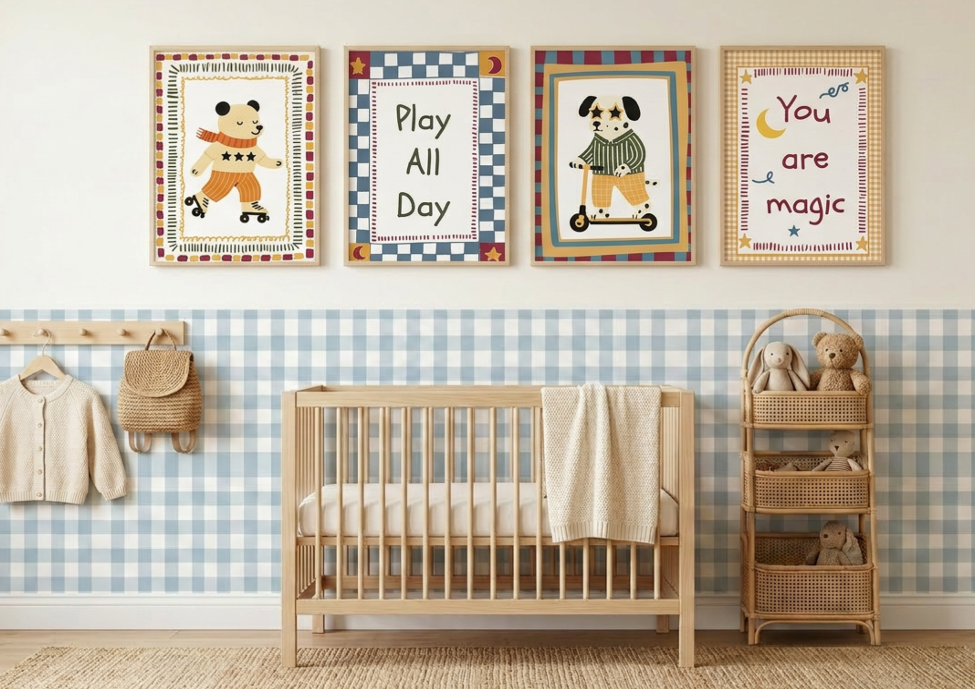 Nursery room with wooden crib, wall art, and wicker shelves.
