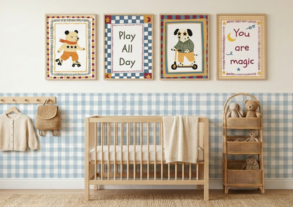 Nursery room with wooden crib, wall art, and wicker shelves.
