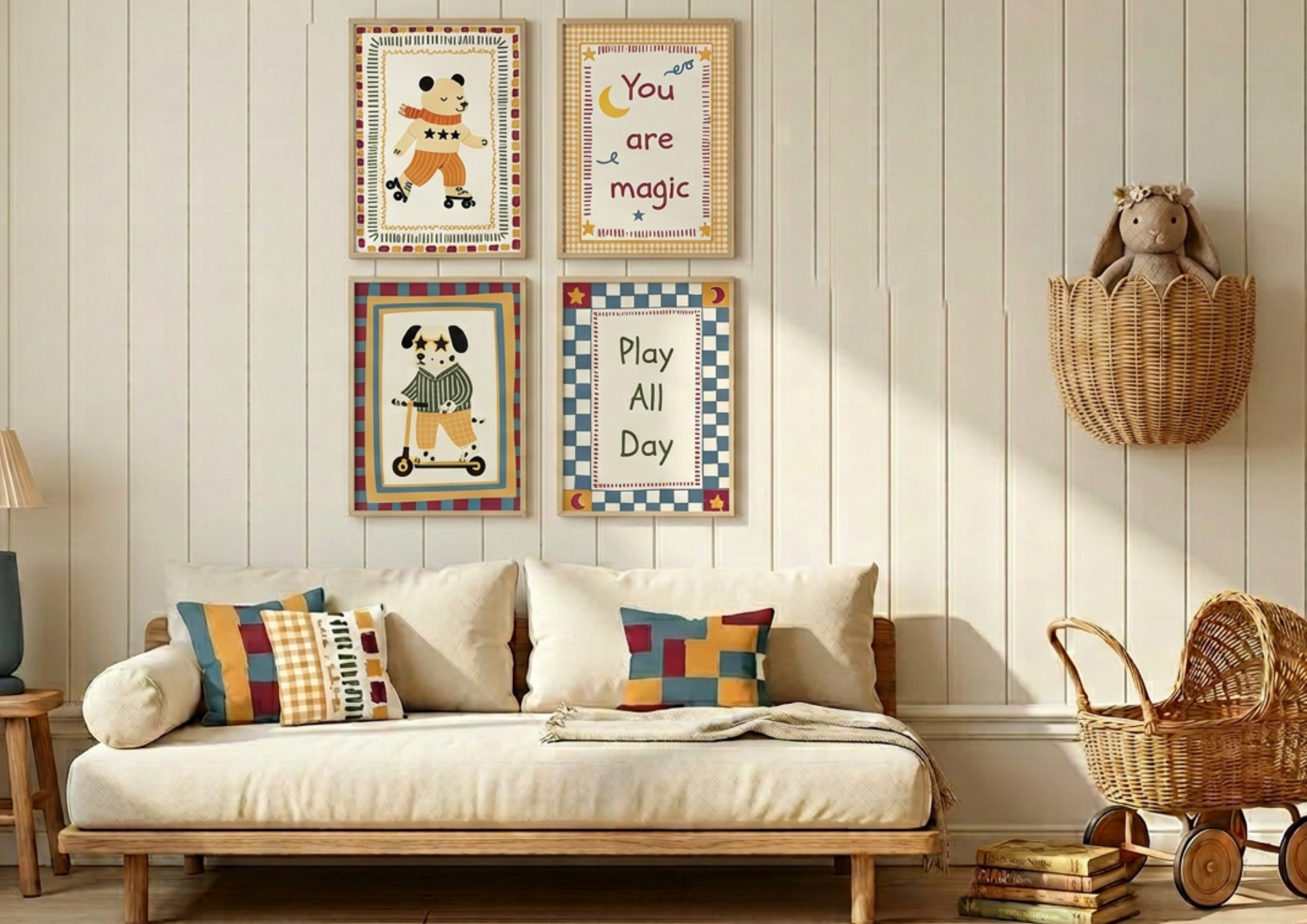 Children's room with a sofa, cushions, framed pictures, and toys.