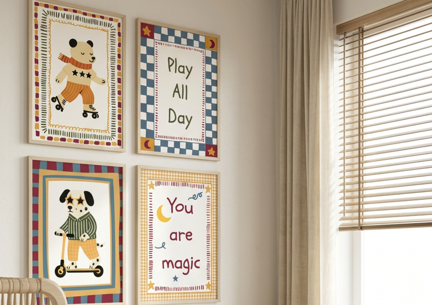 Children's wall art with motivational quotes in a room setting