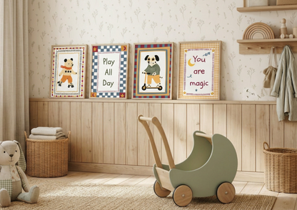 Children's room with framed quotes on the wall, a toy pram, and teddy bear.