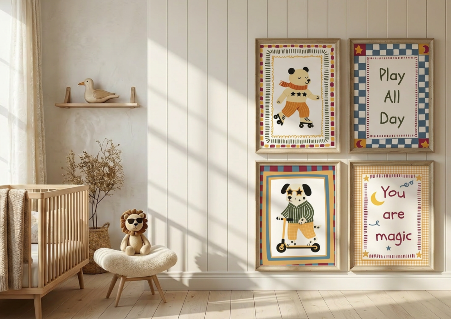 Nursery room with wooden crib, stuffed lion toy, and wall art featuring cartoon characters and motivational phrases.