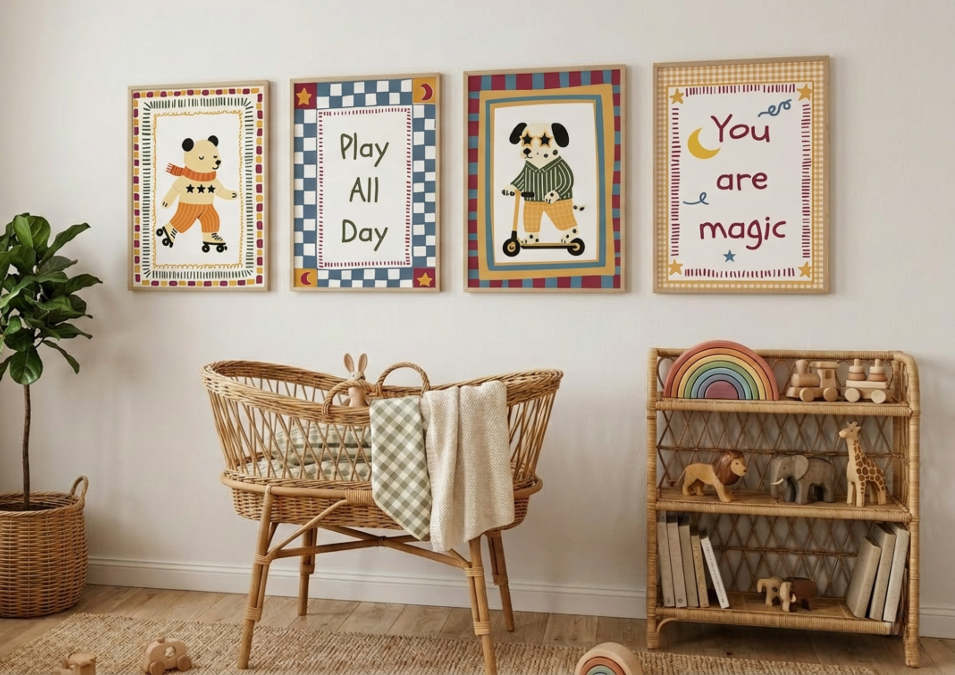 Nursery room with framed artwork, a wicker crib, and a wooden bookshelf.